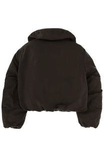 Lemaire women’s short down jacket blouson brown with black quilted puffer design and hood shown from back side