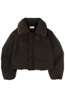 Lemaire women’s short down jacket blouson in dark brown puffer style with plush collar and black buttons