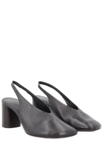 Lemaire women’s slingback glove brown black leather slingback heels with block heel and pointed toe front view