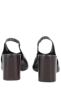 Lemaire women’s slingback glove brown black leather heels with glossy cylindrical block heel shown from back side