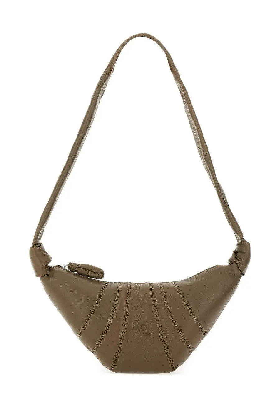 Green leather crossbody bag with curved fan shape and knotted shoulder strap from lemaire women’s small croissant bag brown