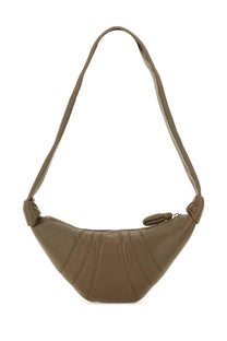 Lemaire women’s small croissant bag in olive green leather with curved fan-like design and knotted strap ends
