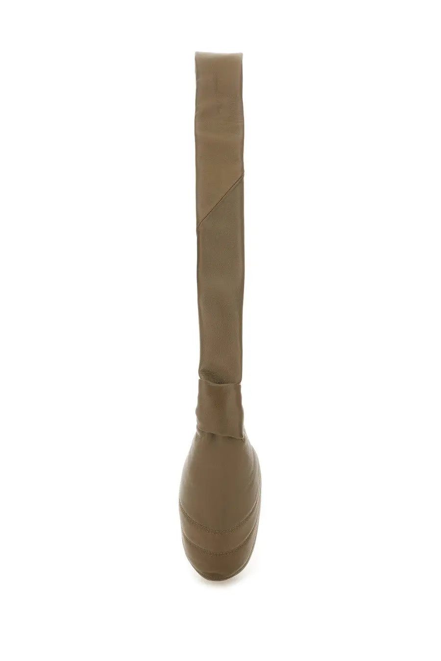 Tan over-the-knee boot with platform sole and smooth seamless material shown with lemaire women’s small croissant bag brown