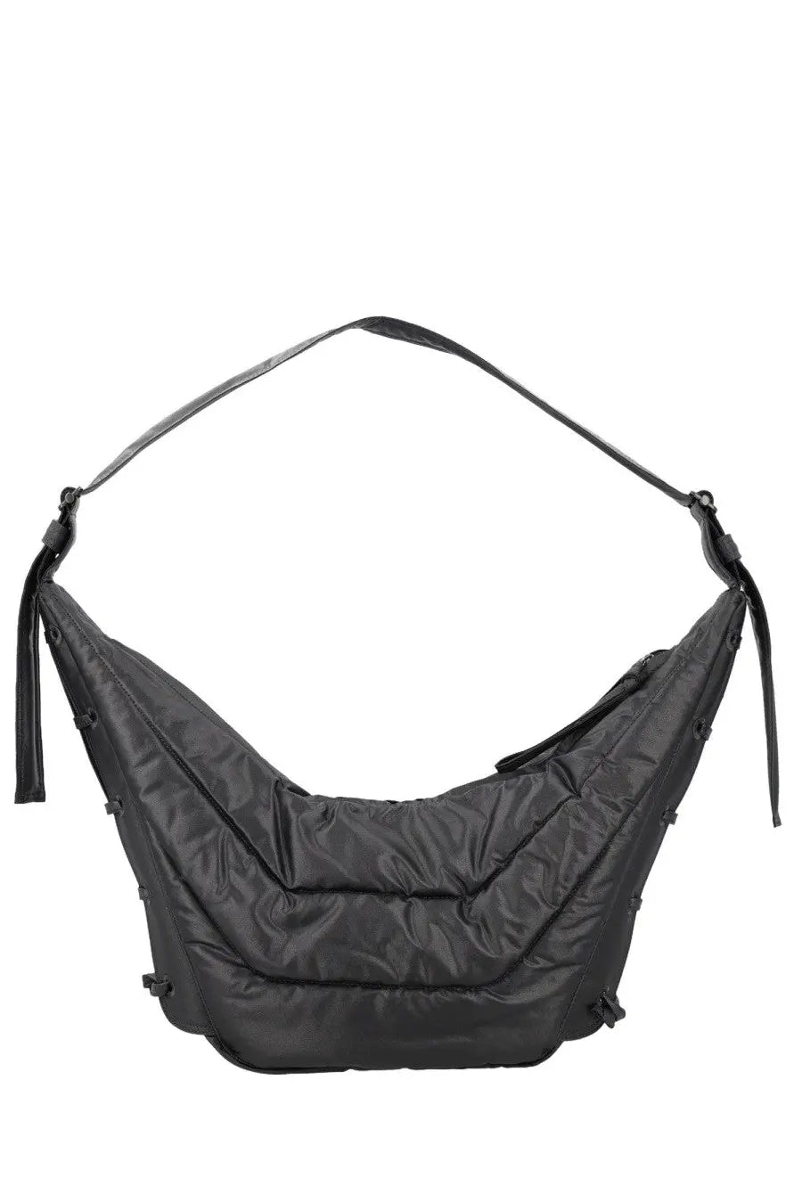 Lemaire women’s soft game medium black hobo bag in quilted nylon with adjustable strap and tassel details
