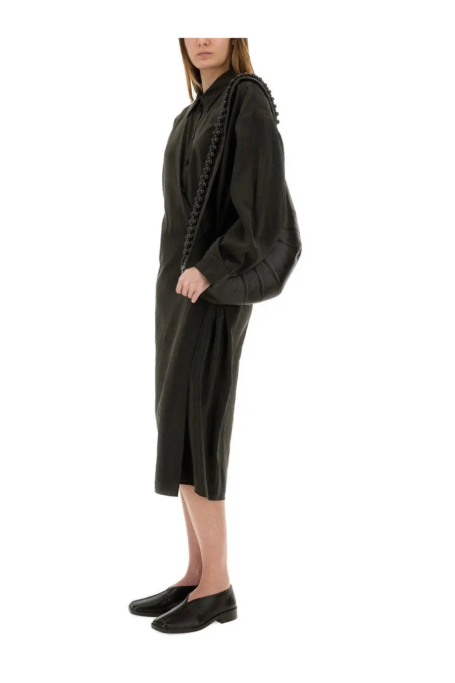 Black leather shoulder bag with beaded chain strap paired with lemaire women’s straight collar twisted dress brown
