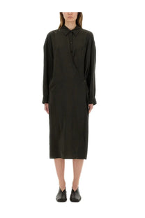 Black long-sleeved shirt dress with collar and button front from lemaire women’s straight collar twisted dress brown collection