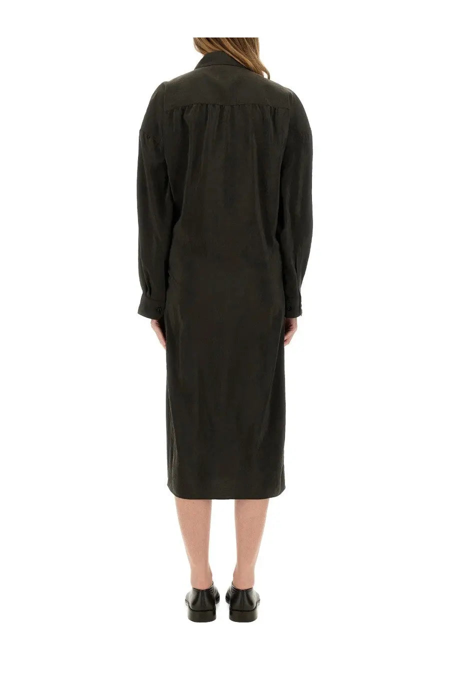 Lemaire women’s black long-sleeved shirt dress with structured collar and subtle pleats at the back shown from rear view