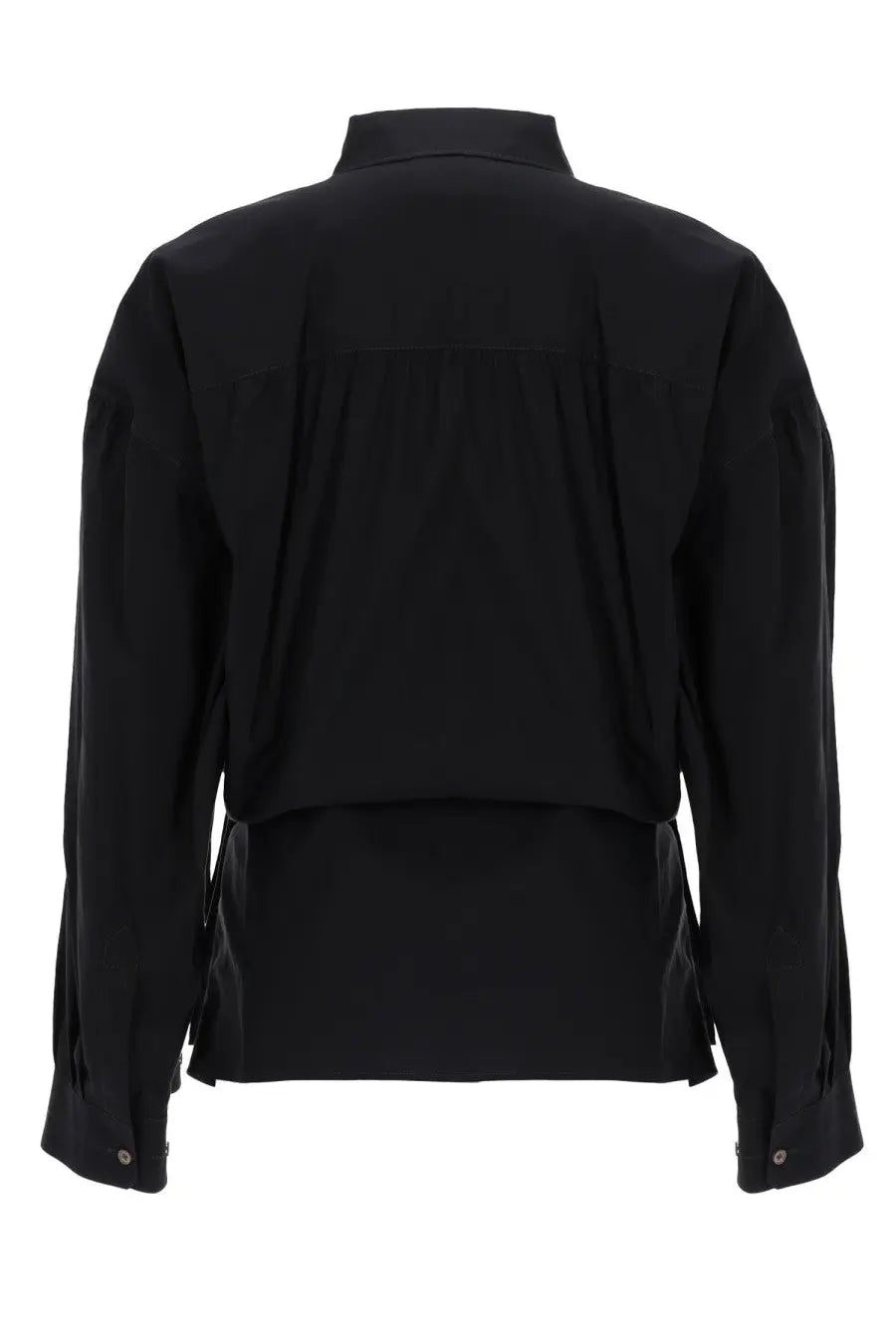 Black long-sleeved Lemaire women’s shirt with structured collar and layered back design shown from the back side