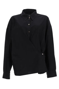 Lemaire women’s black long-sleeved button-up shirt with straight collar and asymmetrical front twisted design