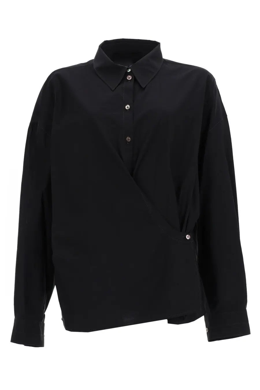 Lemaire women’s black long-sleeved cotton shirt with straight collar and asymmetrical front design