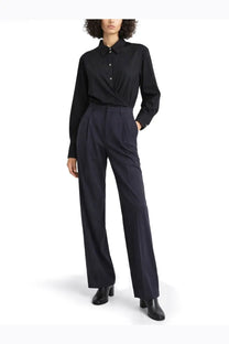 Lemaire women’s black long-sleeved button-down shirt with straight collar and subtle pleats at the waistband