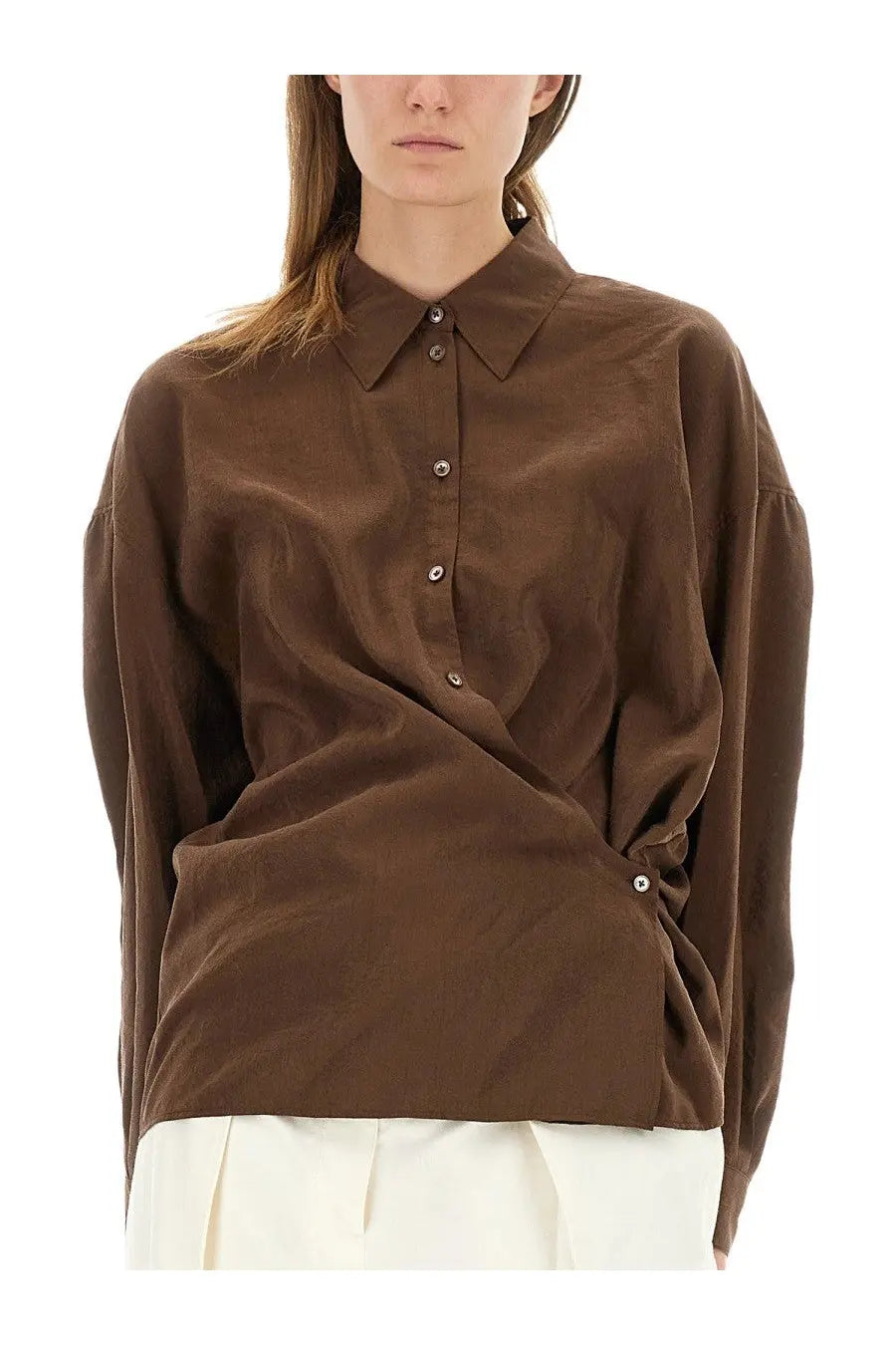 Brown satin blouse with relaxed fit and subtle sheen from lemaire womens straight collar twisted shirt collection