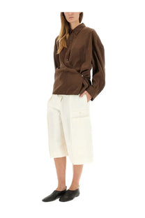 Lemaire women’s brown satin button-up shirt with long sleeves and a slightly loose fit featuring a straight collar