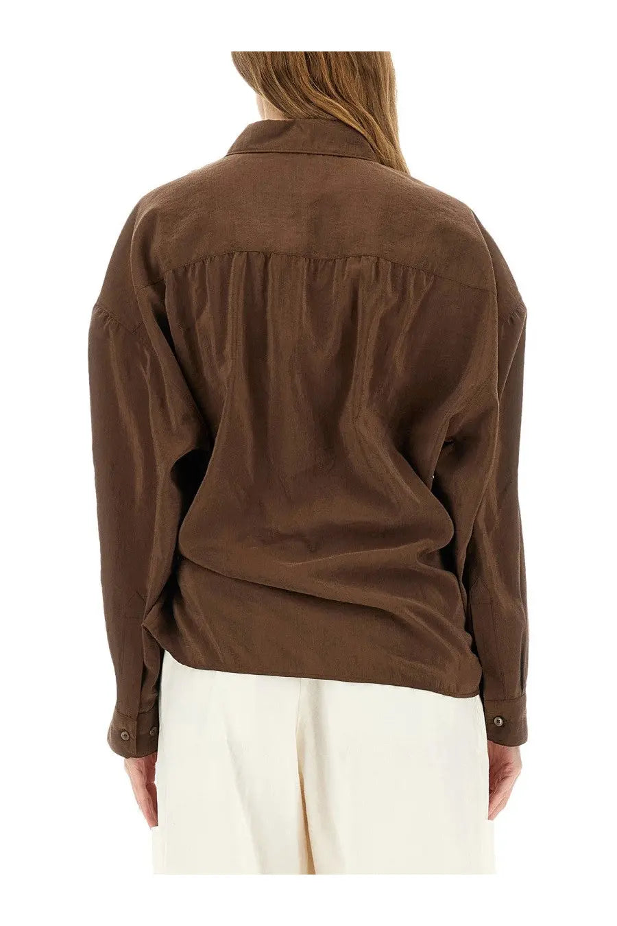 A brown softly textured lemaire women’s blouse with a relaxed fit and buttoned cuffs in straight collar style