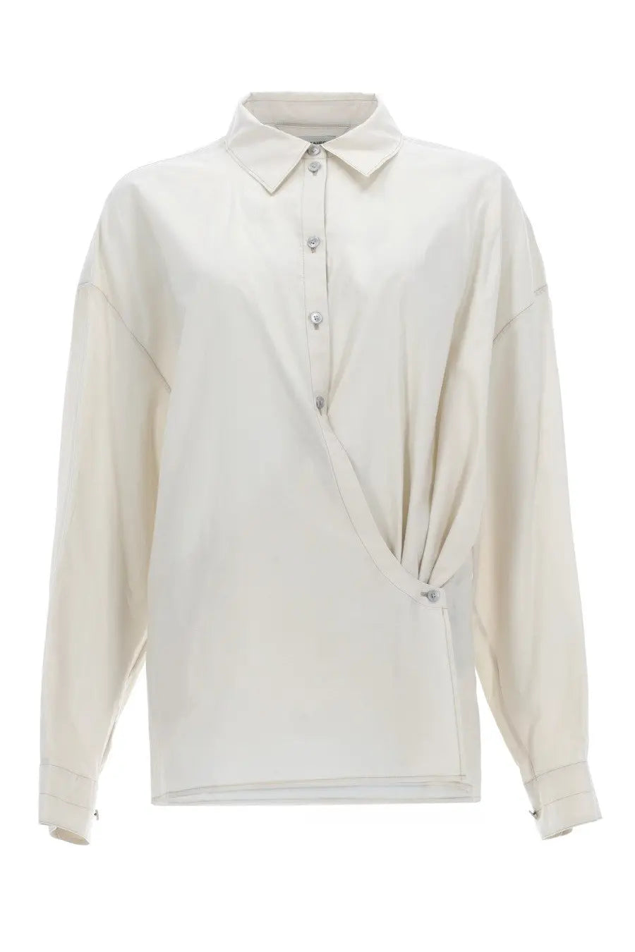 Lemaire women’s cream-colored long-sleeved blouse with classic collar and button-down front in twisted fabric