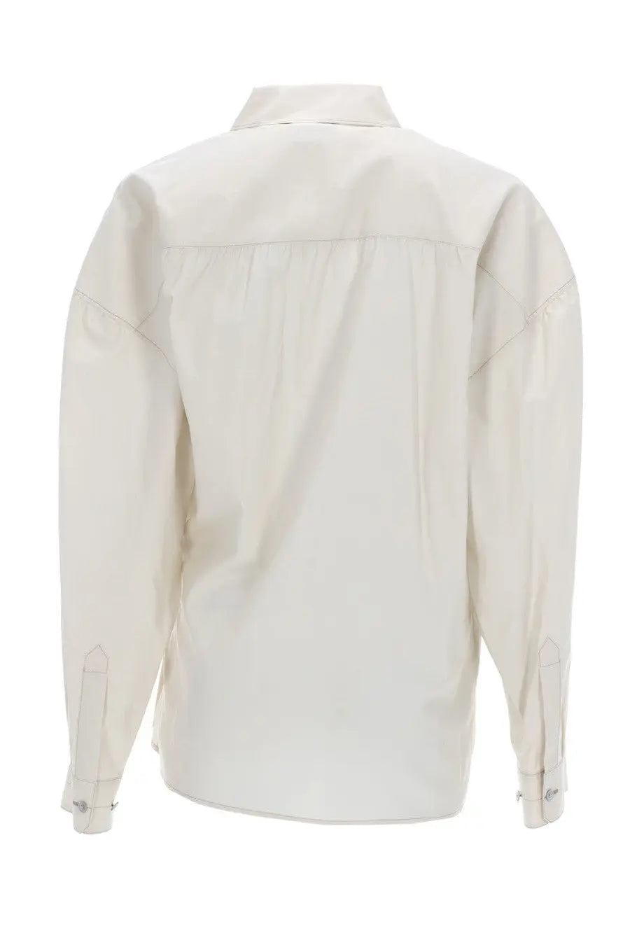Cream-colored lemaire women’s long-sleeved button-up shirt with straight collar and subtle back pleats showing back side