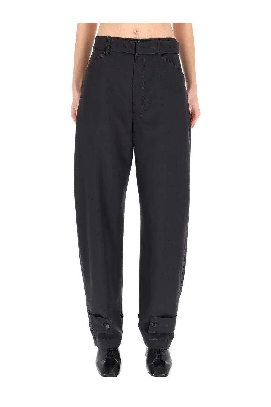 Lemaire women’s tailored grey high-waisted trousers with structured fit and rolled cuffs featuring button details