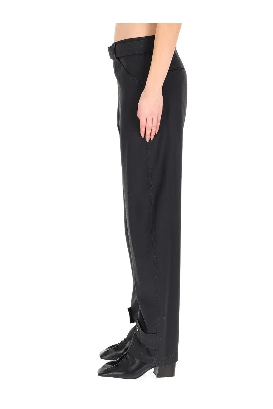 Lemaire women’s tailored grey wide-leg pants with sleek fit and bow detailing at the waistband
