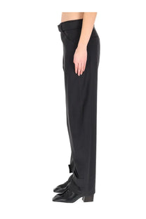 Lemaire women’s tailored grey wide-leg pants with sleek fit and bow detailing at the waistband