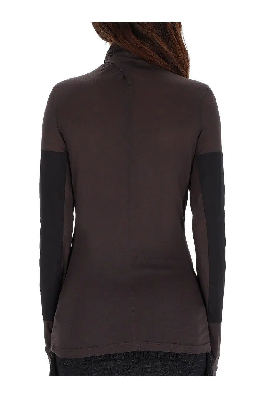 Lemaire women’s long-sleeved athletic top in dark brown and black with high collar for active wear
