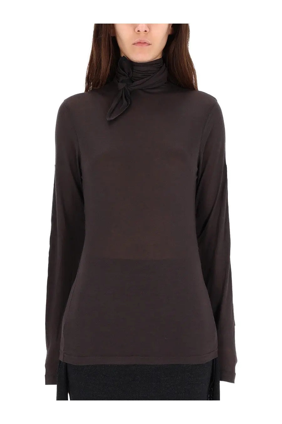 Lemaire women’s long-sleeved dark brown blouse with high neck tied in a delicate knot at the collar