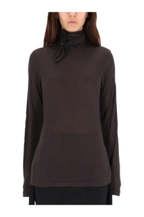 Lemaire women’s long-sleeved dark brown blouse with high neck tied in a delicate knot at the collar
