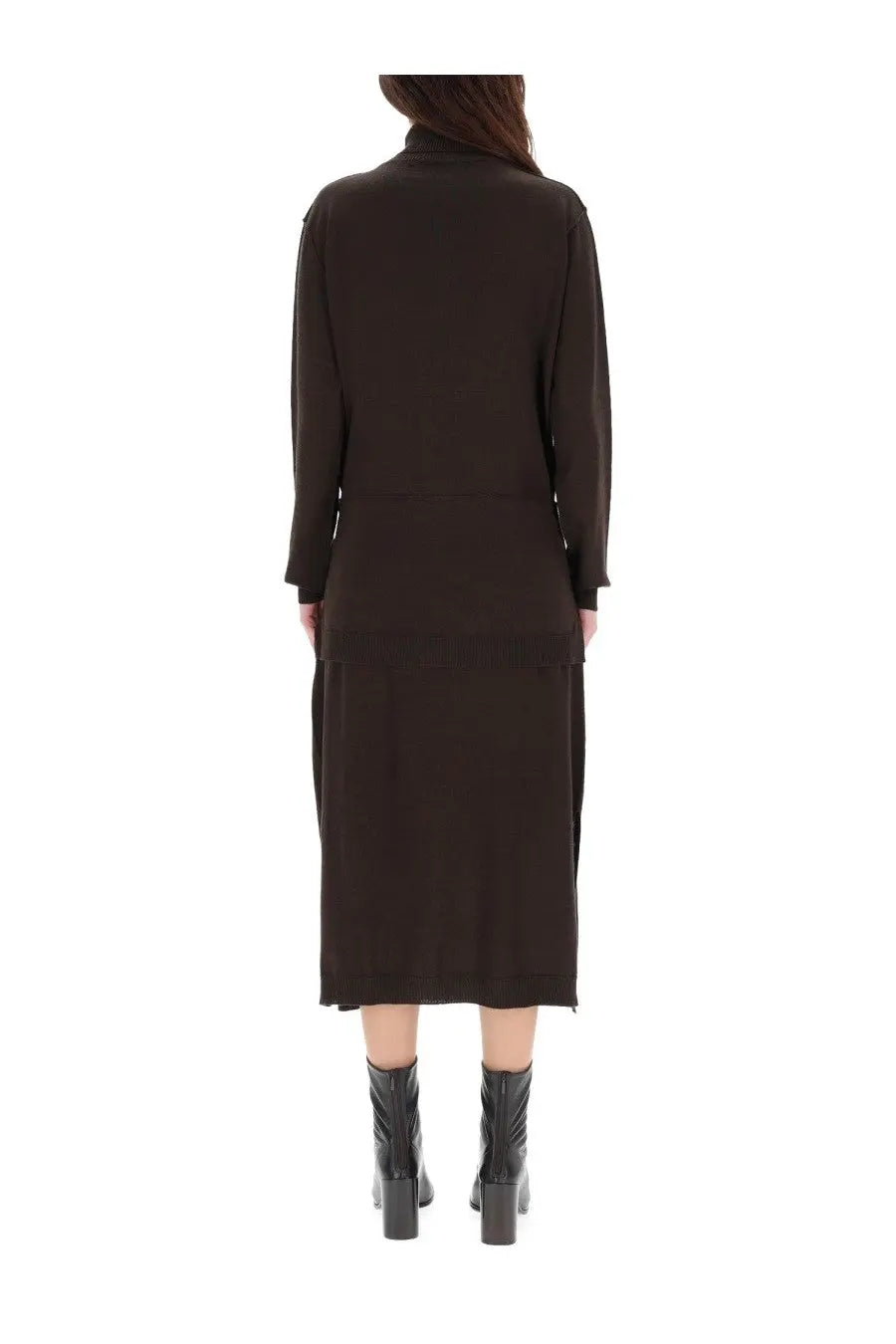 Black long-sleeved turtleneck dress with flowing mid-length silhouette in lemaire women’s trompe loeil midi dress brown style