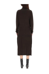 Black long-sleeved turtleneck dress with flowing mid-length silhouette in lemaire women’s trompe loeil midi dress brown style