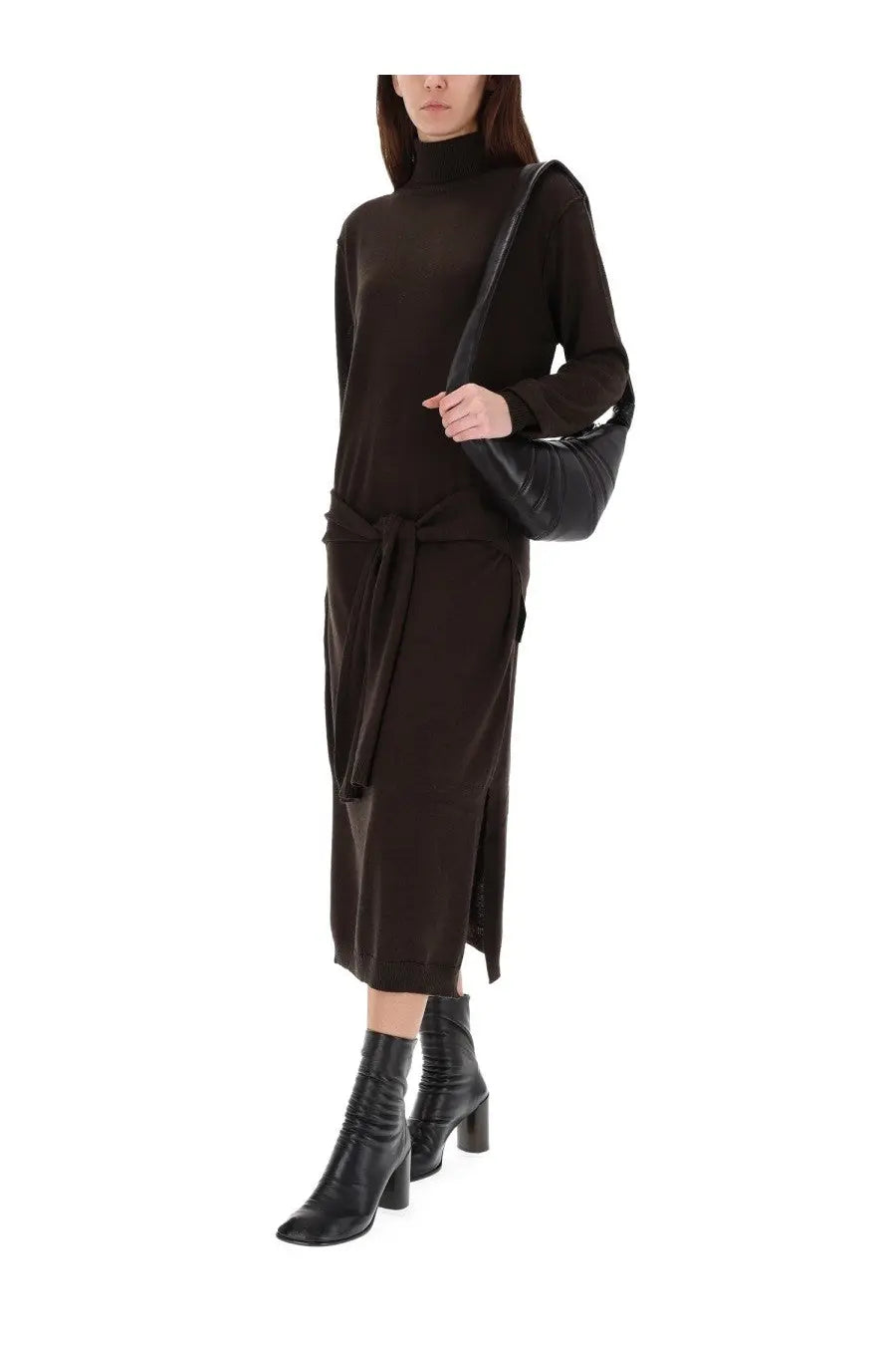 Black quilted leather shoulder bag with sleek modern design paired with lemaire women’s trompe loeil midi dress brown