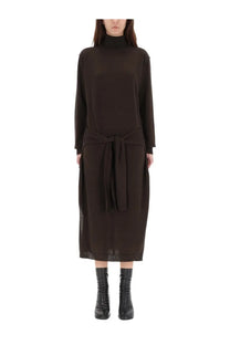 Lemaire women’s trompe loeil midi dress in dark brown with a sleek turtleneck, tied waistband, and sheer mesh hem panels