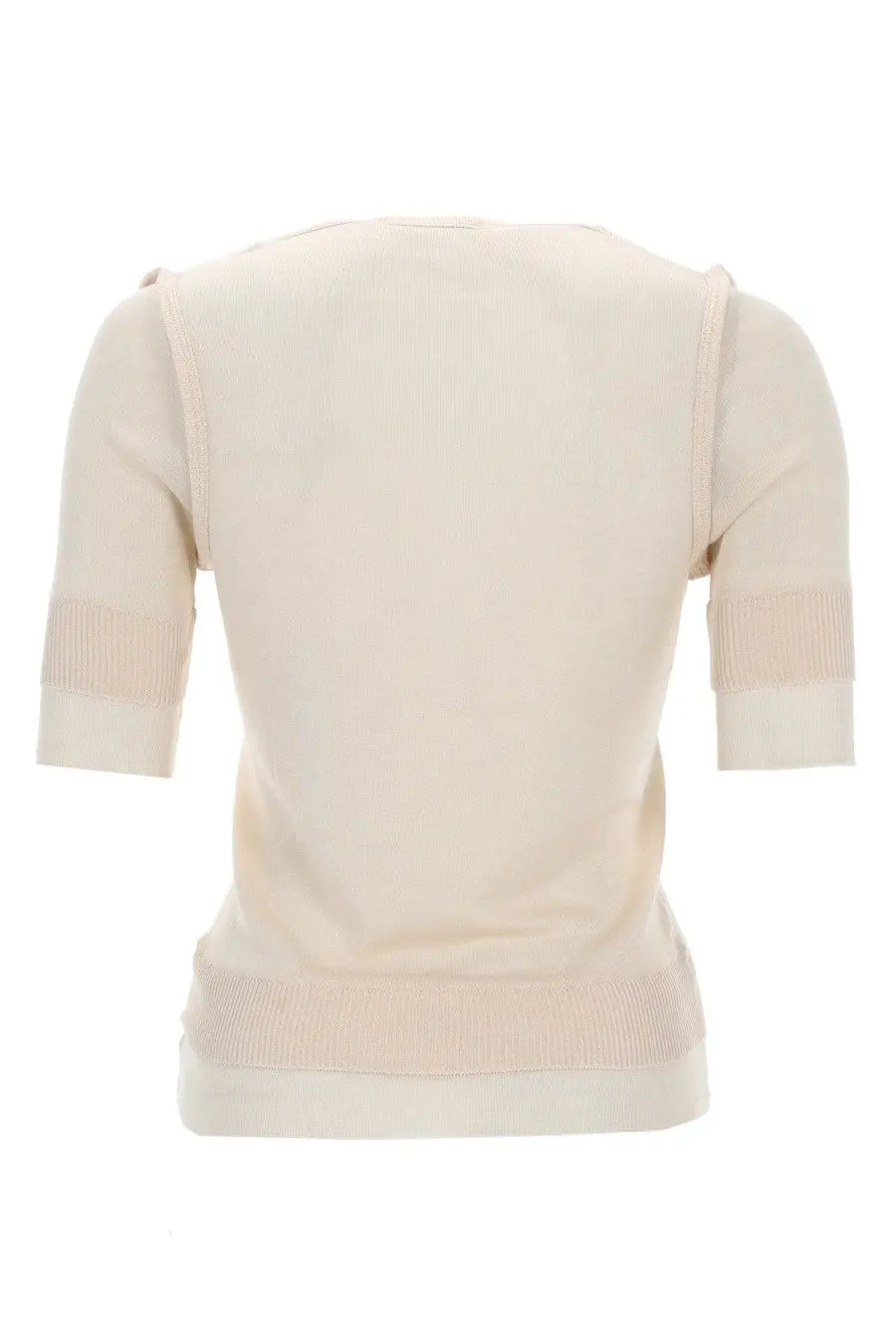 Cream-colored knit sweater with ribbed cuffs and hem in a relaxed fit from Lemaire women’s trompe loeil viscose and silk top beige