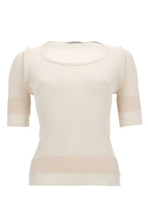 Cream-colored knit top with short sleeves ribbed cuffs hem and neckline made of viscose and silk by lemaire