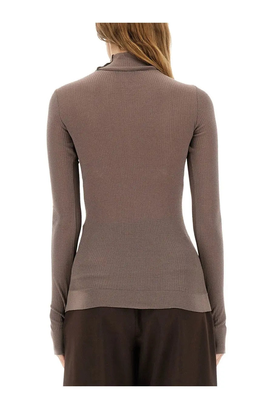 Lemaire women’s turtleneck top brown ribbed long-sleeve taupe fitted high collar knitwear