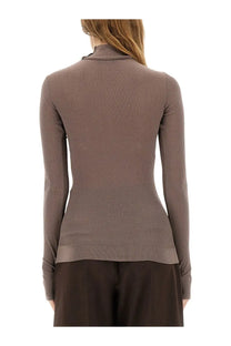 Lemaire women’s turtleneck top brown ribbed long-sleeve taupe fitted high collar knitwear