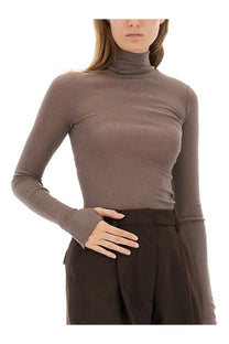 Lemaire women’s taupe ribbed long-sleeved turtleneck top with fitted silhouette in soft knit fabric
