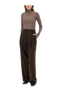 Lemaire women’s brown high-waisted pleated pants with tailored fit and subtle textured fabric
