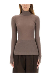 A sleek ribbed brown turtleneck sweater with a fitted silhouette by Lemaire womens turtleneck top brown