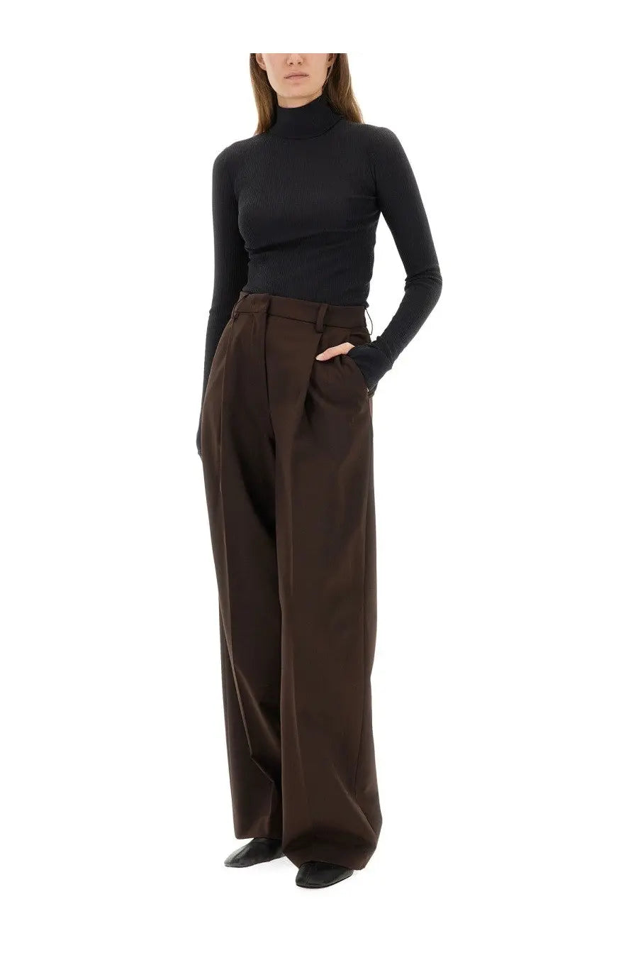 Black high-neck long-sleeve top with turtleneck detail ideal for layering and casual wear