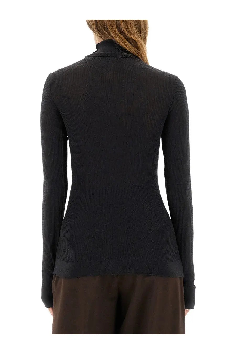 Black ribbed knit turtleneck top with long sleeves from lemaire womens grey collection