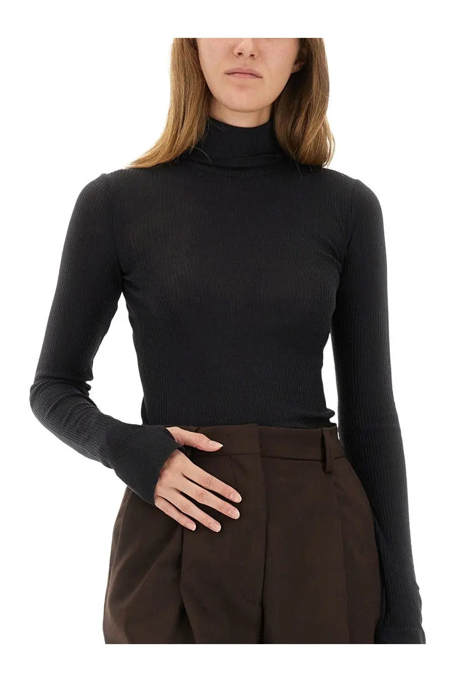 Black ribbed long sleeve turtleneck top by lemaire womens turtleneck top in grey fabric texture visible
