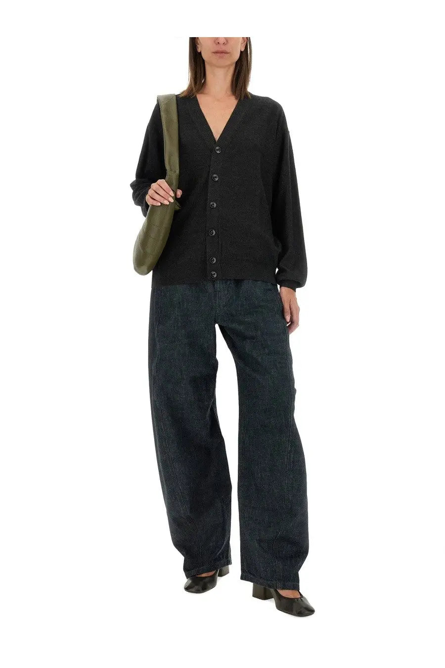 Black button-up cardigan with long sleeves and v-neckline for women by lemaire in twisted knit fabric