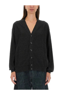 Lemaire women’s twisted cardigan grey black v neck with subtle texture and dark buttons in soft knit fabric
