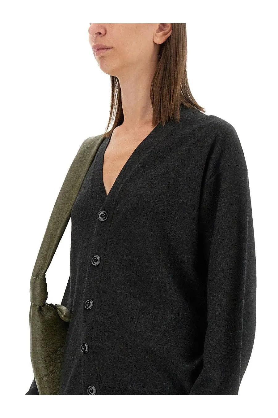 Lemaire women’s twisted cardigan grey a dark gray softly textured knit v-neck cardigan with black buttons