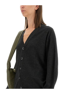 Lemaire women’s twisted cardigan grey a dark gray softly textured knit v-neck cardigan with black buttons