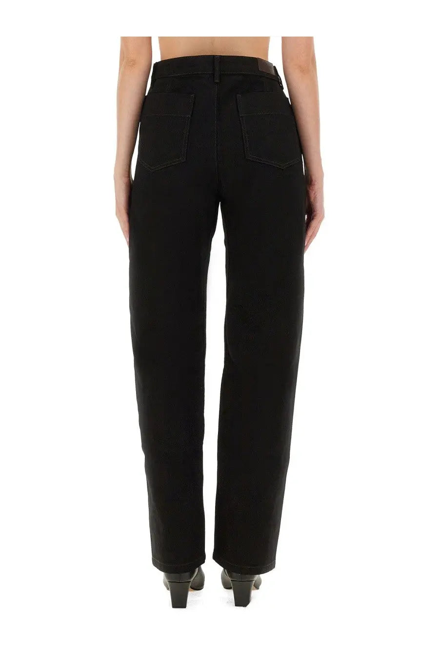 Back view of lemaire women’s twisted pants black high-waisted straight-leg jeans with classic denim texture and rear patch pockets