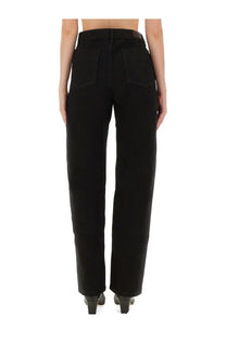 Back view of lemaire women’s twisted pants black high-waisted straight-leg jeans with classic denim texture and rear patch pockets