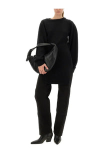 Black leather shoulder bag with distinctive twisted handle design featured with lemaire women’s twisted pants black