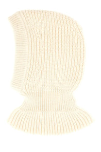 Cream-colored ribbed knit balaclava made of wool and alpaca blend from lemaire womens hood white collection
