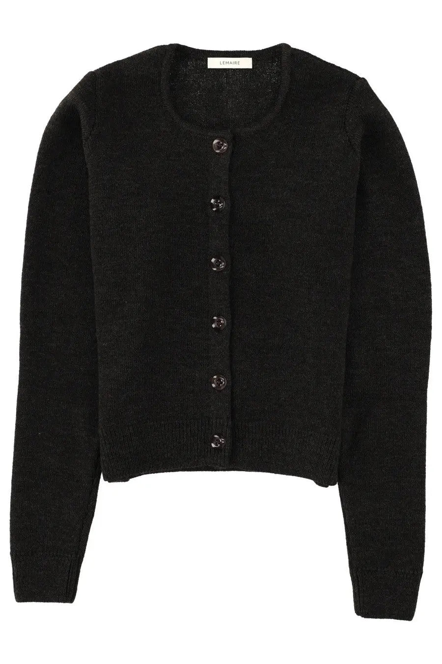 Black léa raie cardigan with round neckline and silver buttons in wool blend by lemaire women’s brown design