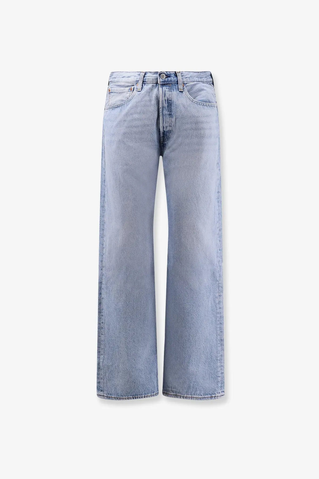 Levis men’s light-wash blue denim jeans with wide-leg cut and classic five-pocket design in my bronco style